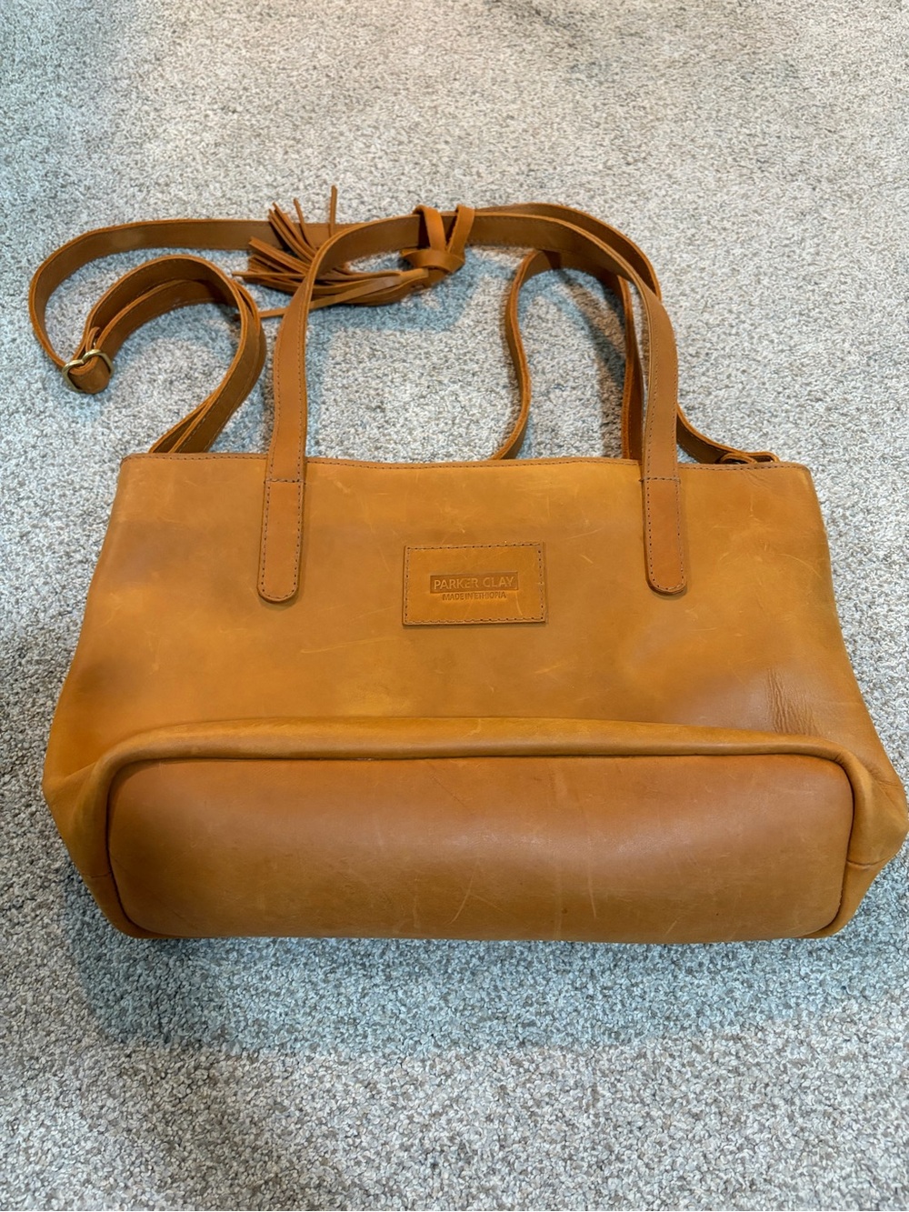 Parker Clay Leather Tassel Tote Bag in Cognac Brown